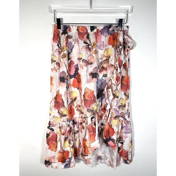 PIAZZA DEL TEMPIO Linen Faux Wrap Midi Skirt M Orange Purple Floral Ruffle EUC! - Picture 2 of 8